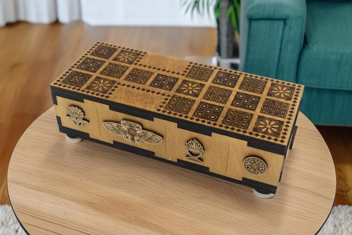 The Ancient Origins Royal Game of Ur on a coffee table.